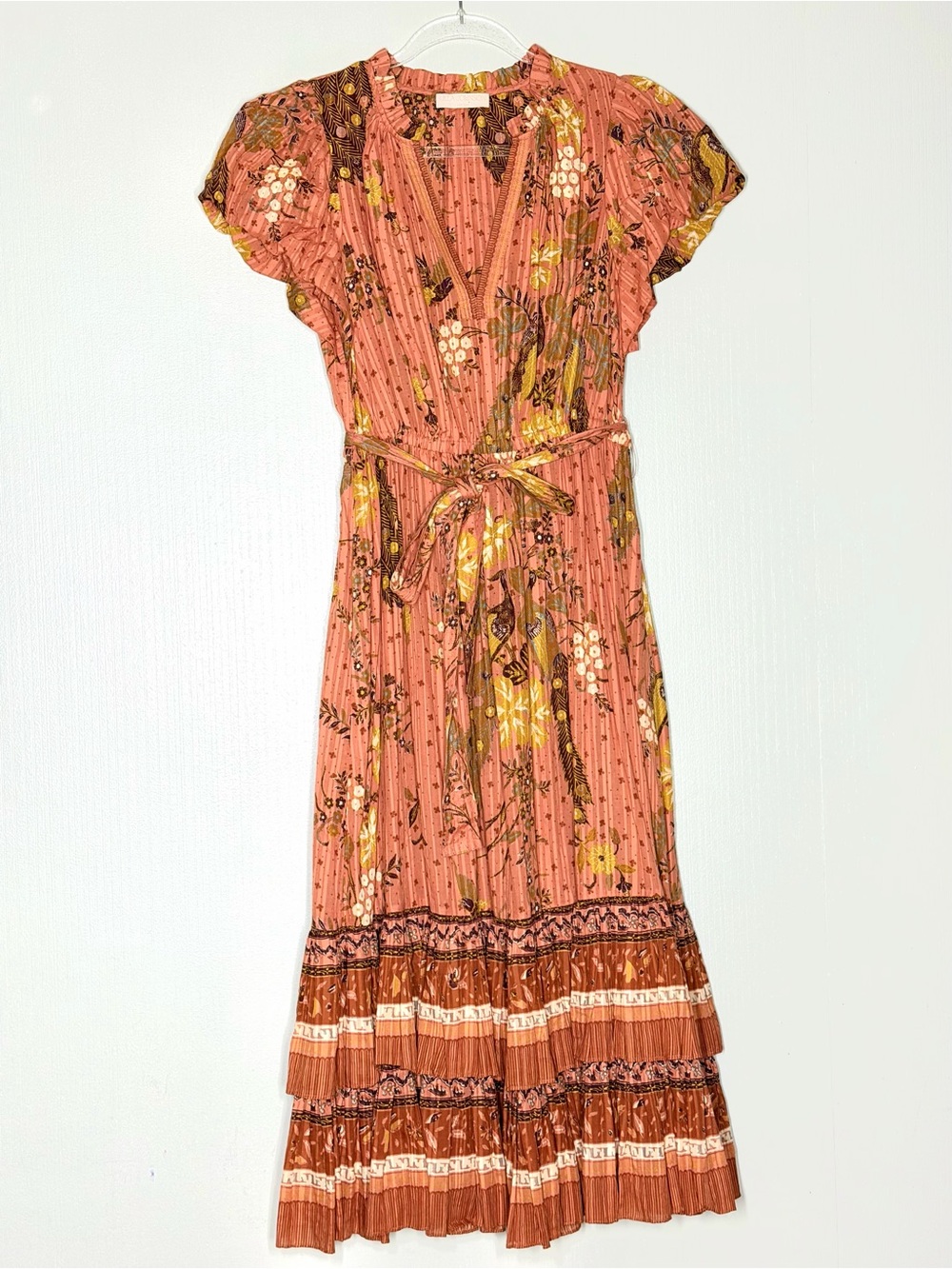 Ulla Johnson Coral Floral Midi Dress with Yellow & Brown Accents